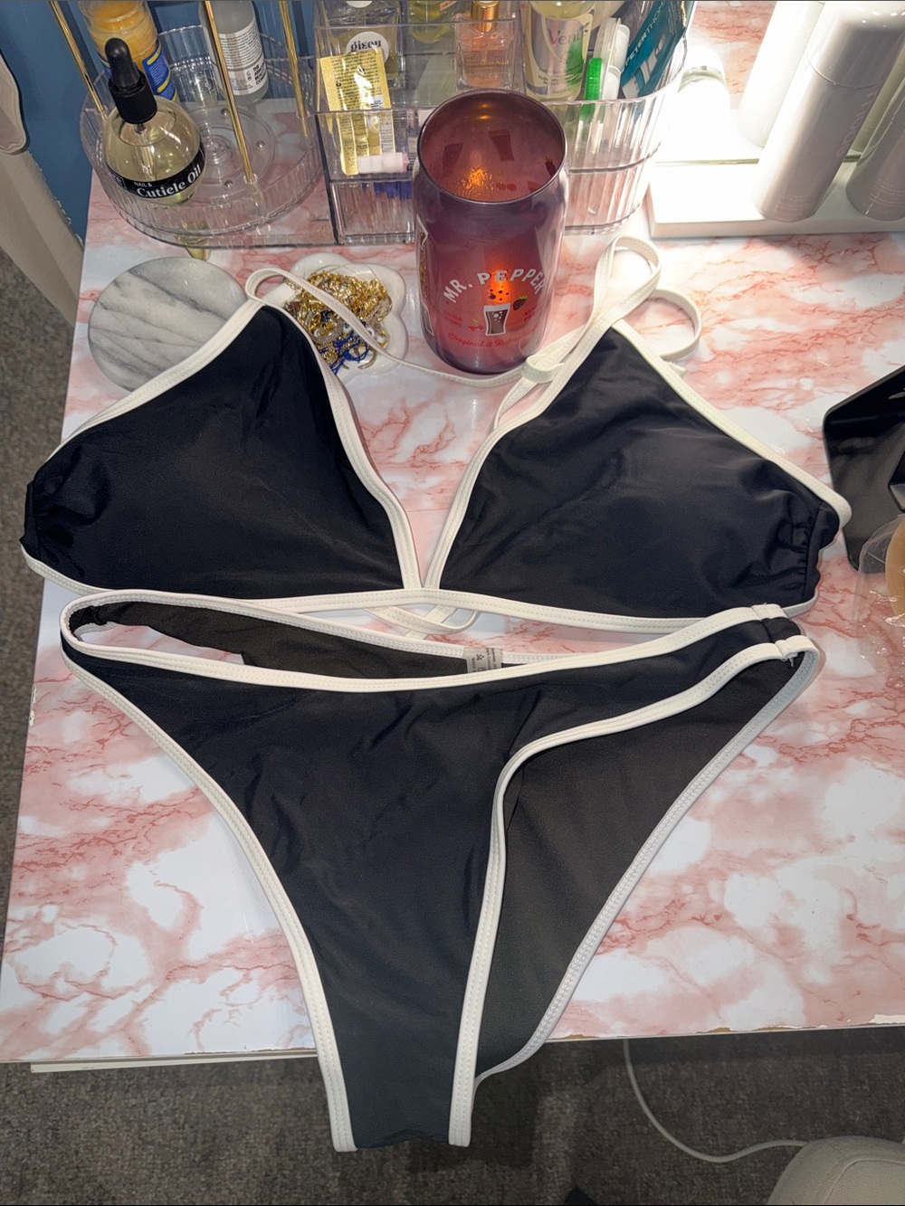 Black & White Contrast Triangle Bikini Set - Women Swim